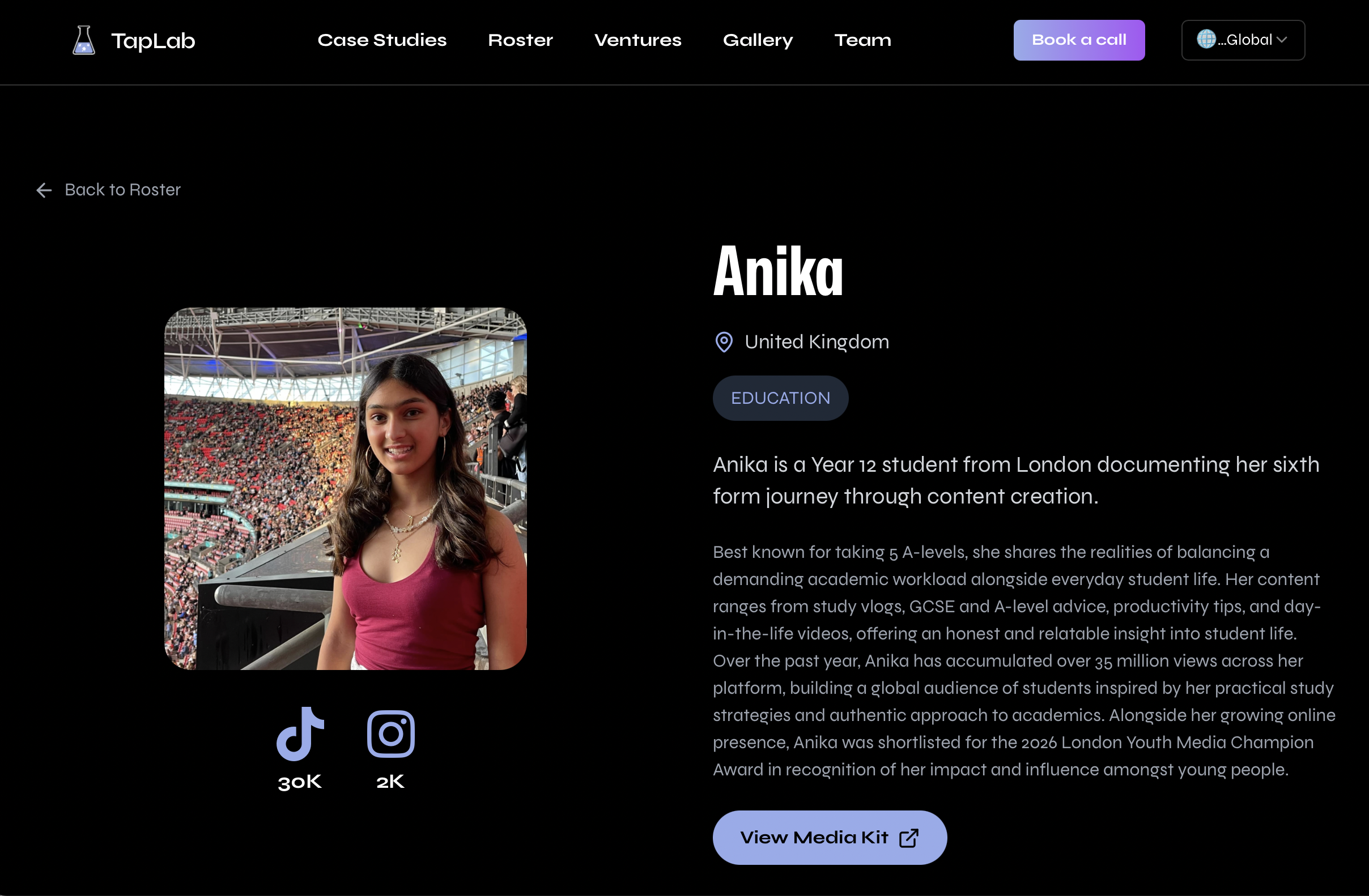 Anika's TapLab profile page